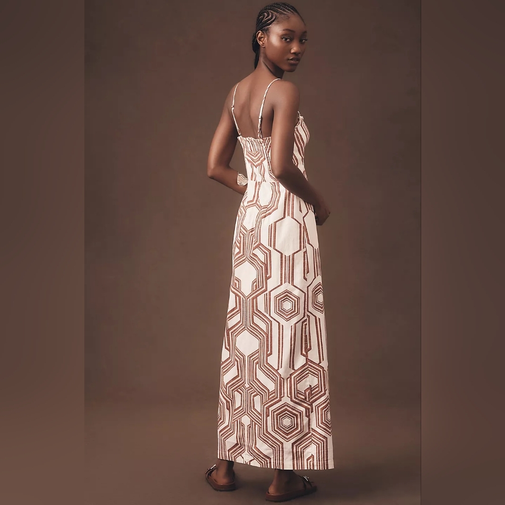 Anthropologie Strapless Geometric Dress in Cream and Brown - Picture 3 of 9